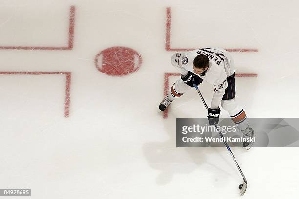 Dustin Penner of the Edmonton Oilers skates on the ice during warmup prior to the game against the Los Angeles Kings during the game on February 14,...