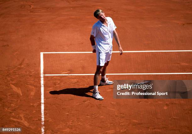 An aerial view of Yevgeny Kafelnikov of Russia reacting during a men's singles match at the French Open Tennis Championships at the Roland Garros...