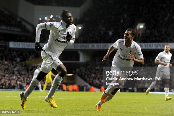 Tottenham Hotspur's Emmanuel Adebayor celebrates with team-mate Kyle Naughton after scoring his side's second goal of the game