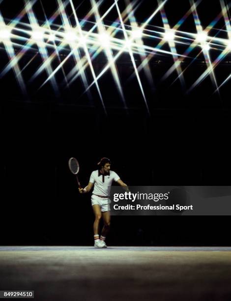 Jan Kodes of Czechoslovakia in action during a men's singles match at the Dewar Cup at the Royal Albert Hall in London, circa 1975.