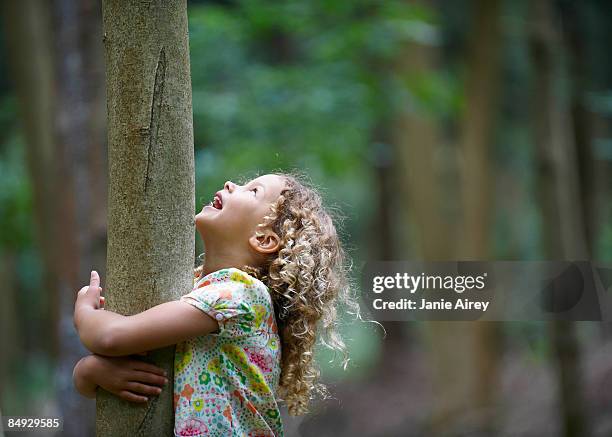young girl hugging tree looking up - alleen één meisje stockfoto's en -beelden
