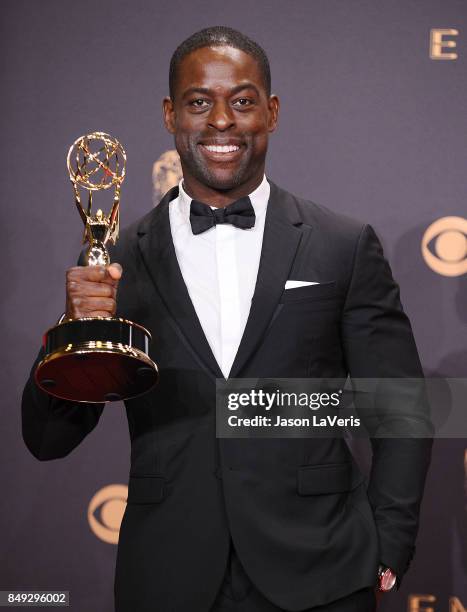 Actor Sterling K. Brown poses in the press room at the 69th annual Primetime Emmy Awards at Microsoft Theater on September 17, 2017 in Los Angeles,...