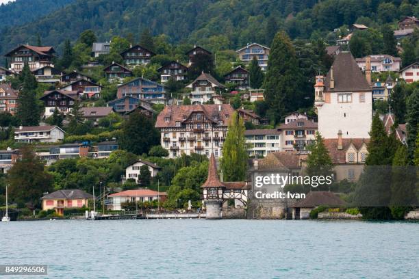 travelling in style on lake thun,oberhofen castle , switzerland - oberhoffen castle stock pictures, royalty-free photos & images