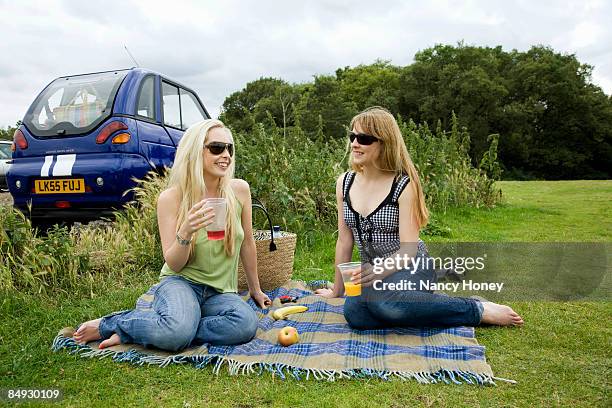 young women pick-nicking by electric car - nancy green stock-fotos und bilder
