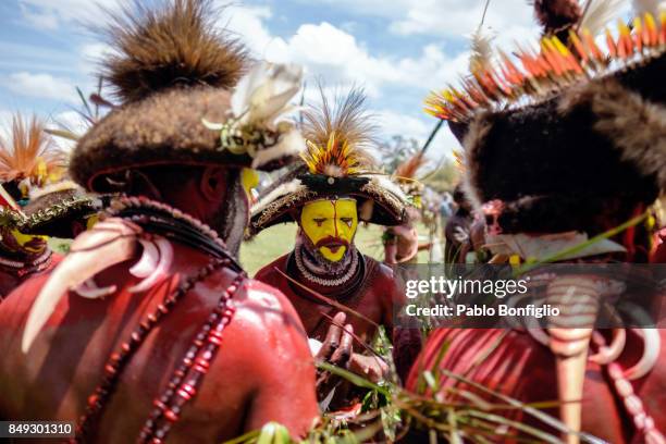 huli wigmen at the 61st goroka cultural show in papua new guinea - goroka stock-fotos und bilder