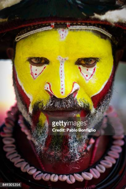 huli wigman at the 61st goroka cultural show in papua new guinea - goroka stockfoto's en -beelden