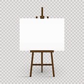 Blank canvas on a artist' easel. Blank art board and wooden easel isolated on transparent background. Vector illustration.