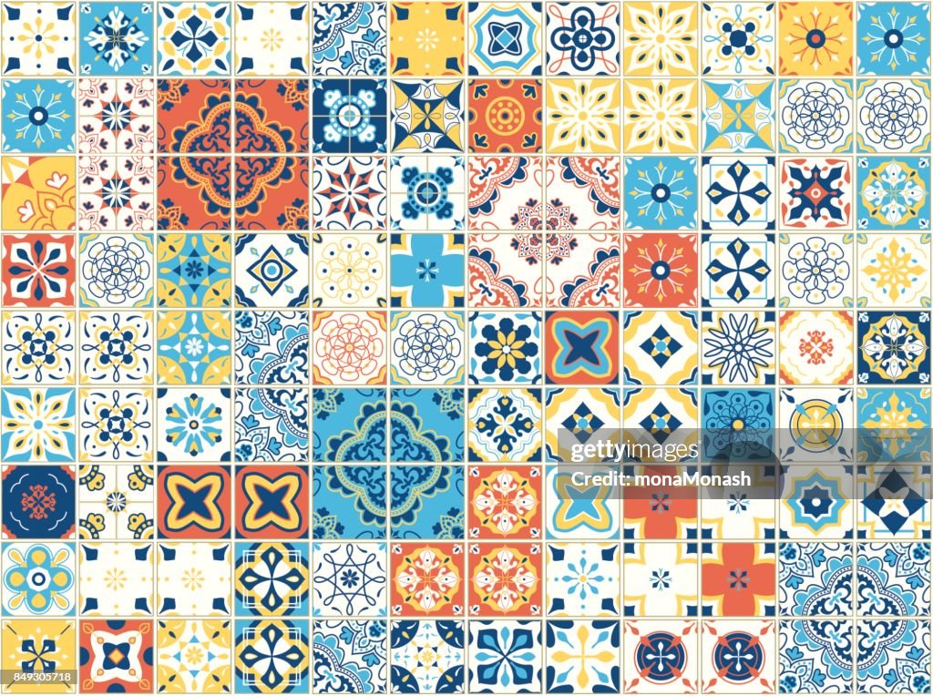 Seamless pattern with portuguese tiles. Vector illustration of Azulejo on white background. Mediterranean style. Multicolor design