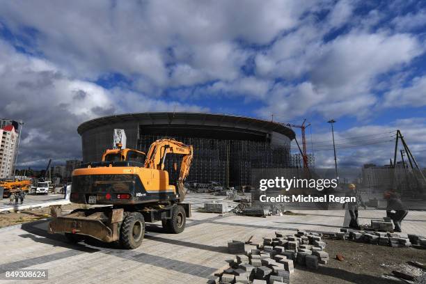 General view of Central Stadium as work continues on September 18, 2017 in EKATERINBURG, Russia.