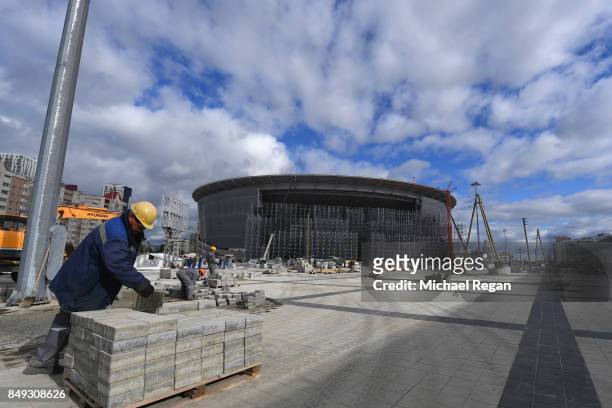 General view of Central Stadium as work continues on September 18, 2017 in EKATERINBURG, Russia.