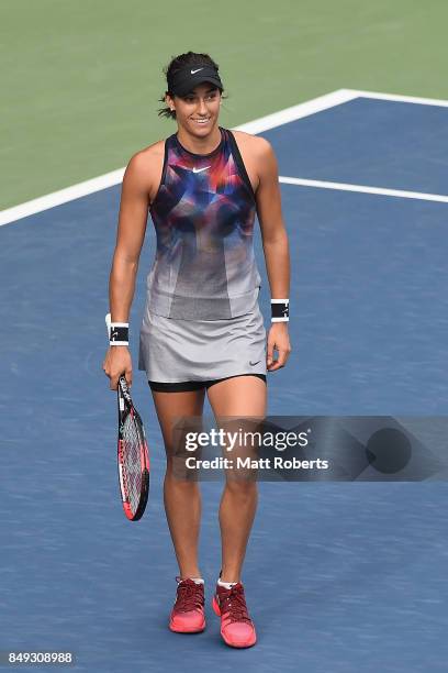 Caroline Garcia of France celebrates winning her match against Aliaksandra Sasnovich of Belarus during day two of the Toray Pan Pacific Open Tennis...