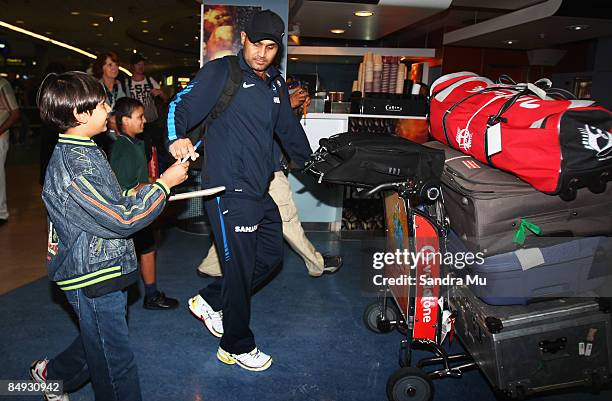 Virender Schwag of India walks through the arrivals hall as the Indian cricket team arrive at Auckland International Airport on February 20, 2009 in...