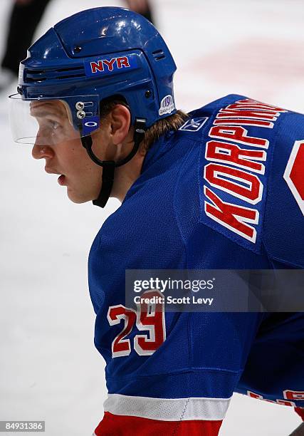 Lauri Korpikoski of the New York Rangers prepares for a faceoff against the Philadelphia Flyers on February 15, 2009 at Madison Square Garden in New...