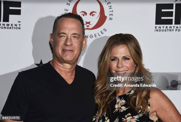 Actor Tom Hanks and actress Rita Wilson arrive at the 27th Annual Simply Shakespeare benefit at the Freud Playhouse, UCLA on September 18, 2017 in...