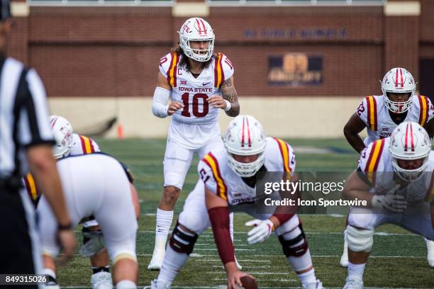 Iowa State Cyclones quarterback Jacob Park looks over the defense during the first quarter of the college football game between the Iowa State...