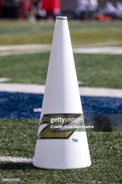 The megaphone of an Akron Zips cheerleader on the field prior to the college football game between the Iowa State Cyclones and Akron Zips on...