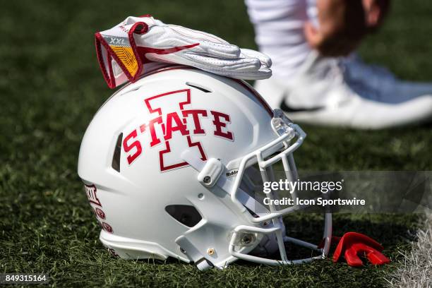 An Iowa State Cyclones helmet on the field prior to the college football game between the Iowa State Cyclones and Akron Zips on September 16 at Summa...