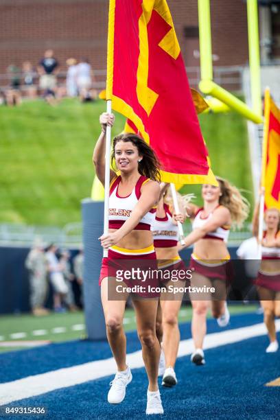 Iowa State Cyclones cheerleaders run the Iowa State banners thru the end zone after an Iowa State touchdown during the first quarter of the college...