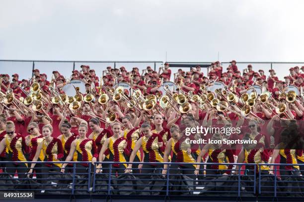 The Iowa State Cyclones Marching Band in the stands during the first quarter of the college football game between the Iowa State Cyclones and Akron...