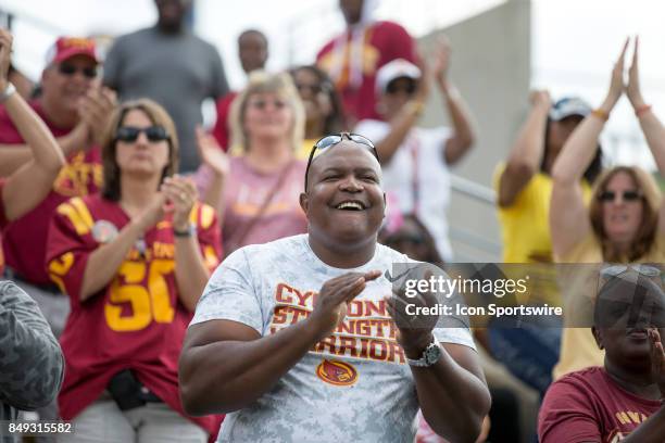 Iowa State Cyclones fans celebrate a touchdown during the first quarter of the college football game between the Iowa State Cyclones and Akron Zips...