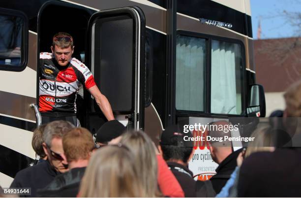 Floyd Landis of the USA and riding for Ouch presented by Maxxis emerges from the team bus to welcoming fans prior to Stage 5 of the AMGEN Tour of...