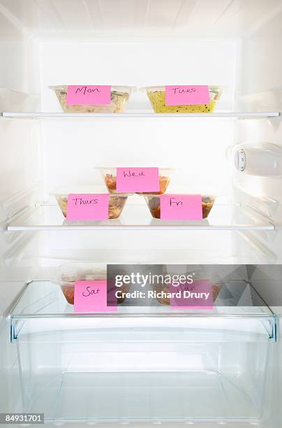 ready meals labeled with weekdays in fridge - meal plan fotografías e imágenes de stock