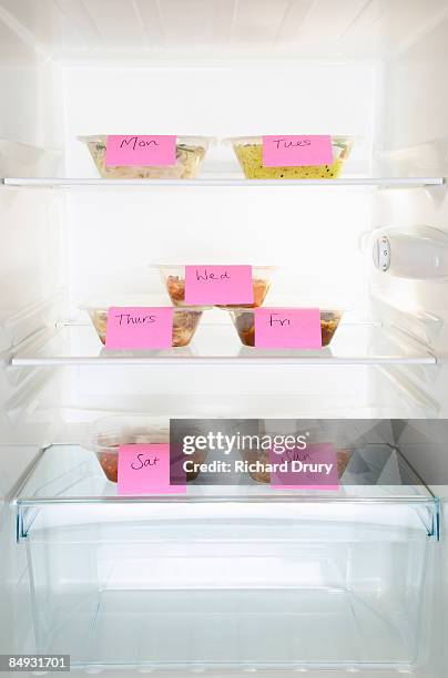 ready meals labeled with weekdays in fridge - meal planning stock pictures, royalty-free photos & images