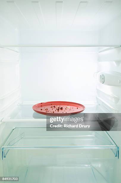 empty plate with cake crumbs in fridge - inside of fridge stock pictures, royalty-free photos & images