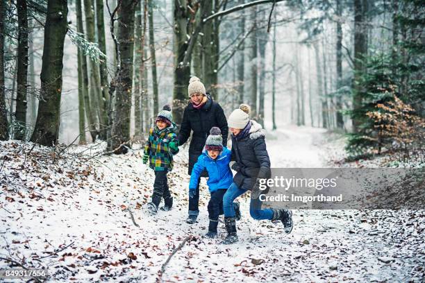 mother with kids walking in beautiful winter forest - family snow stock pictures, royalty-free photos & images