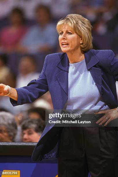 Nancy Lieberman-Cline, head coach of the Detroit Shock, during a WNBA basketball game against the Washington Mystics on August 1, 2000 at Verizon...