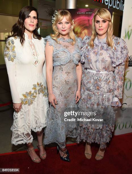 Writer/director Laura Mulleavy, actress Kirsten Dunst, and writer/director Kate Mulleavy attend the Los Angeles premiere of 'Woodshock' on September...
