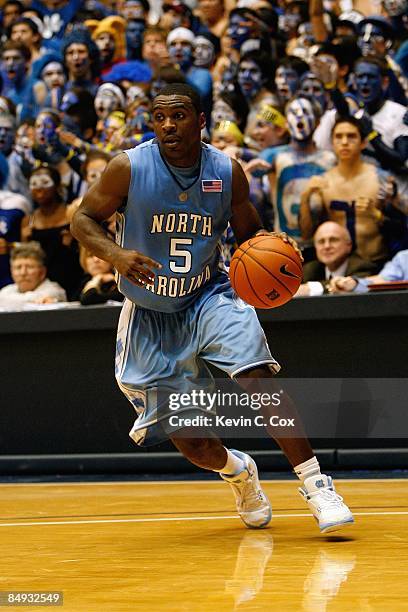 Ty Lawson of the North Carolina Tar Heels dribbles during the game against the Duke Blue Devils on February 11, 2009 at Cameron Indoor Stadium in...