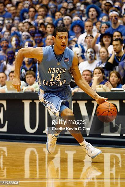 Danny Green of the North Carolina Tar Heels dribbles during the game against the Duke Blue Devils on February 11, 2009 at Cameron Indoor Stadium in...