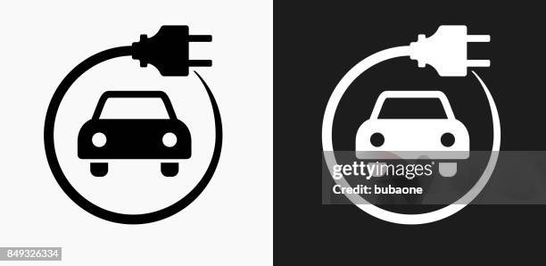 electric car icon on black and white vector backgrounds - electric vehicle icons stock illustrations