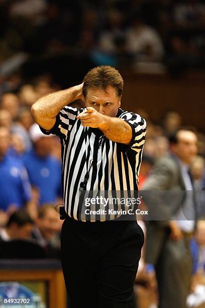 Referee Karl Hess makes a call during the Duke Blue Devils game against the North Carolina Tar Heels on February 11, 2009 at Cameron Indoor Stadium...