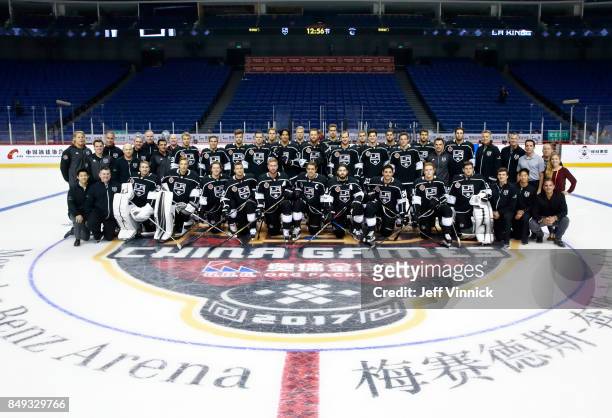 The Los Angeles Kings pose for a team photograph before their first practice at Mercedes-Benz Arena September 19, 2017 in Shanghai, China. The...