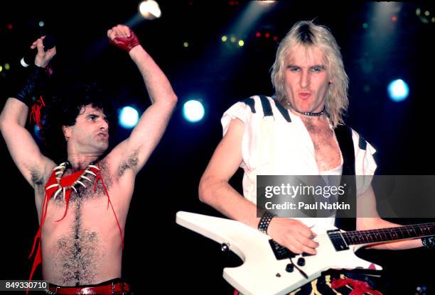 Marc Storace and Fernando von Arb of Krokus performing at the Aragon Ballroom in Chicago, Illinois, April 12, 1985.