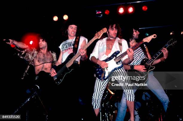 Left to right, Marc Storace, Freddy Steady, Fernando Von Arb, and Mark Kohler of Krokus performing at the Aragon Ballroom in Chicago, Illinois, May...
