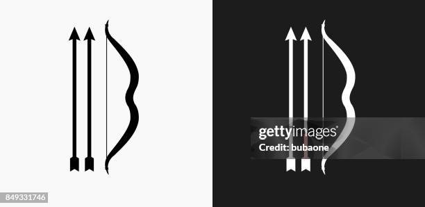 one bow and two arrows icon on black and white vector backgrounds - bow arrow stock illustrations
