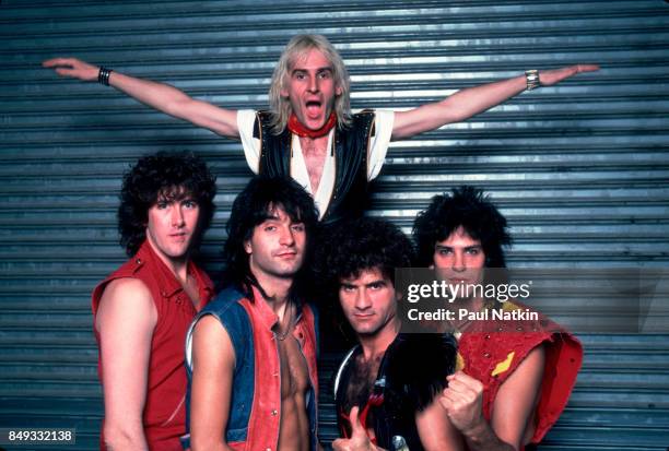 Portrait of the band Krokus at the Rosemont Horizon in Rosemont, Illinois, October 5, 1984. Left to right Andy Tanas, Mark Kohler, Fernando Von Arb,...