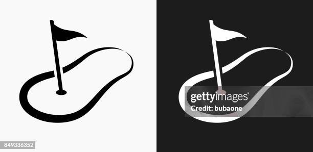 golf hole flag icon on black and white vector backgrounds - golf flag stock illustrations