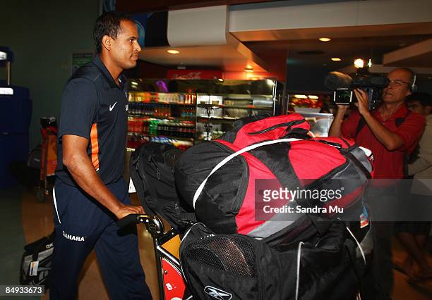 Irfan Pathan of India walks through the arrivals hall as the Indian cricket team arrive at Auckland International Airport on February 20, 2009 in...