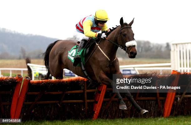 Uimhir A Seacht ridden by Chris Meehan jumps the last on their way to victory in the Morgan Cole LLP Novices&acute; Handicap Hurdle during the...