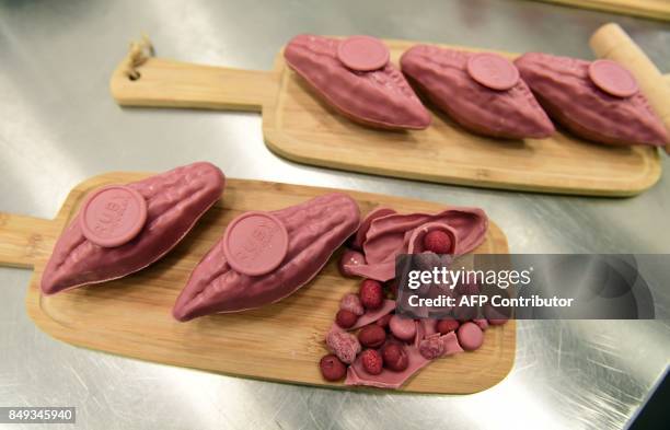 Ruby chocolate, a new pink chocolate obtained without adding berries, flavors or colorants, is presented to the media at the Barry Callebaut Belgium...