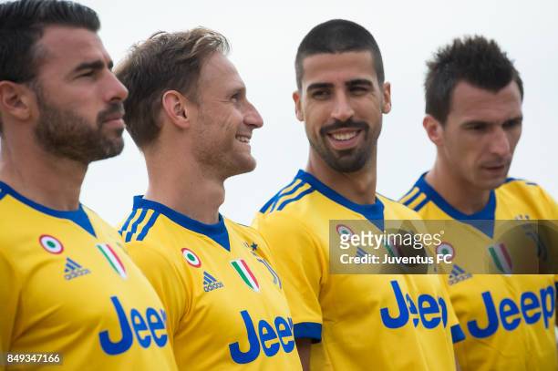 Andrea Barzagli, Benedikt Howedes, Sami Khedira and Mario Mandzukic of Juventus attend the official First Team Squad Photocall on September 18, 2017...