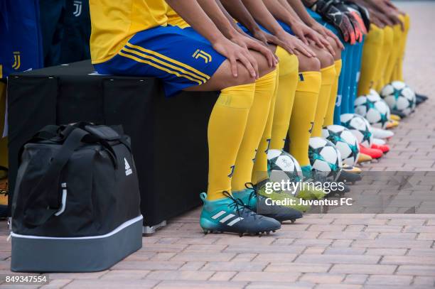 Boots of Juventus players are seen during the official First Team Squad Photocall on September 18, 2017 in Turin, Italy.