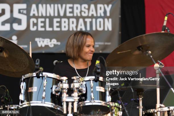 American Jazz musician Terri Lyne Carrington plays drums with her band, Social Science, during a performance at the 25th Annual Charlie Parker Jazz...