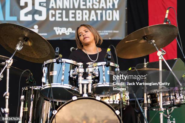 American Jazz musician Terri Lyne Carrington plays drums with her band, Social Science, during a performance at the 25th Annual Charlie Parker Jazz...