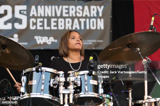 American Jazz musician Terri Lyne Carrington plays drums with her band, Social Science, during a performance at the 25th Annual Charlie Parker Jazz...