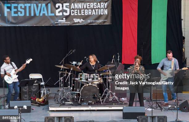 American Jazz group Social Science performs at the 25th Annual Charlie Parker Jazz Festival in Harlem's Marcus Garvey Park, New York, New York,...